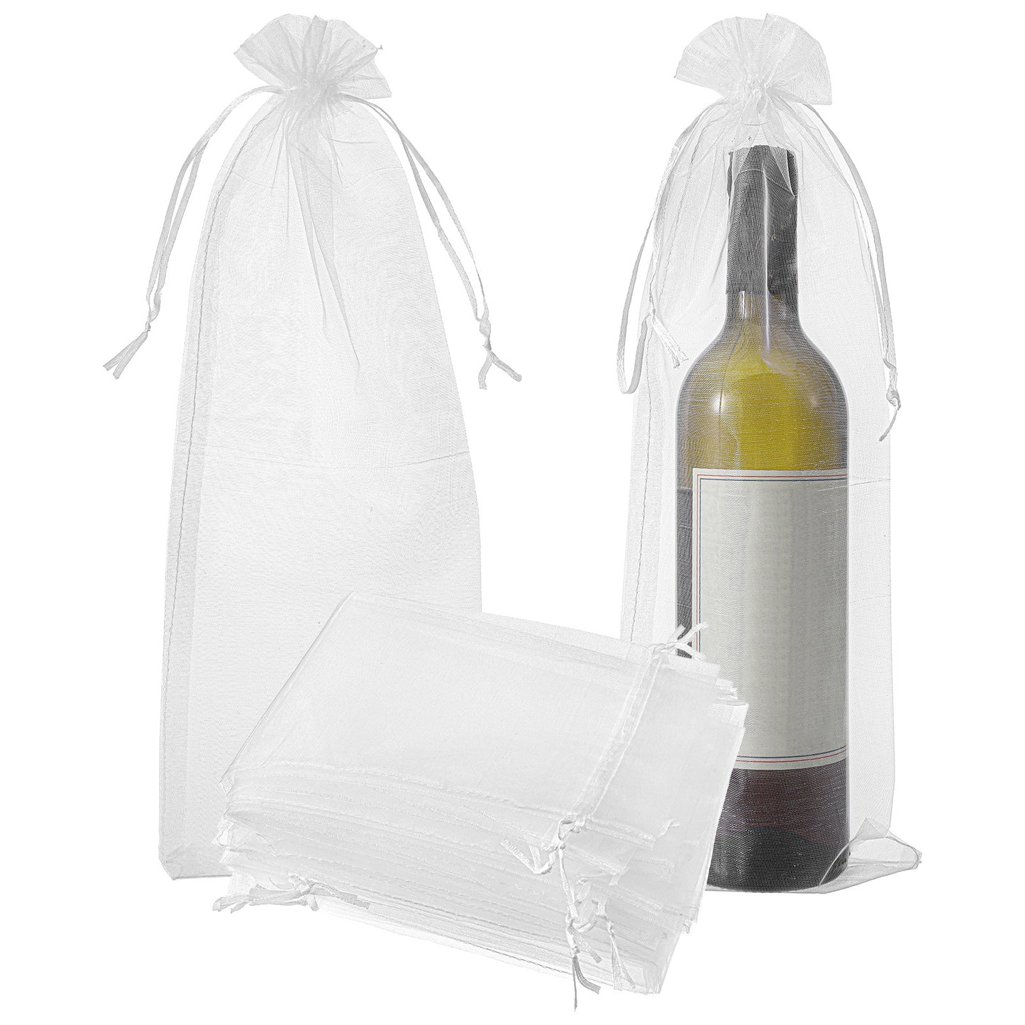 15 PCS White Organza Wine Bottle Gift Bags, Sheer Mesh Wine Jewelry Bags with Drawstrings Ropes, Pouches Bottle Covers for Travel Wedding Festival Party Favors Christmas Candle Sachet Bag (40×15 cm)