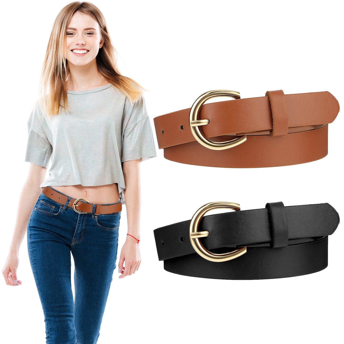 2 PCS Girls Belt 82cm Elastic Leather Kids Belts, Exquisite Comfortable Skinny Strappy Waist Belt with Double O Ring Buckle (Black/Light Tan)