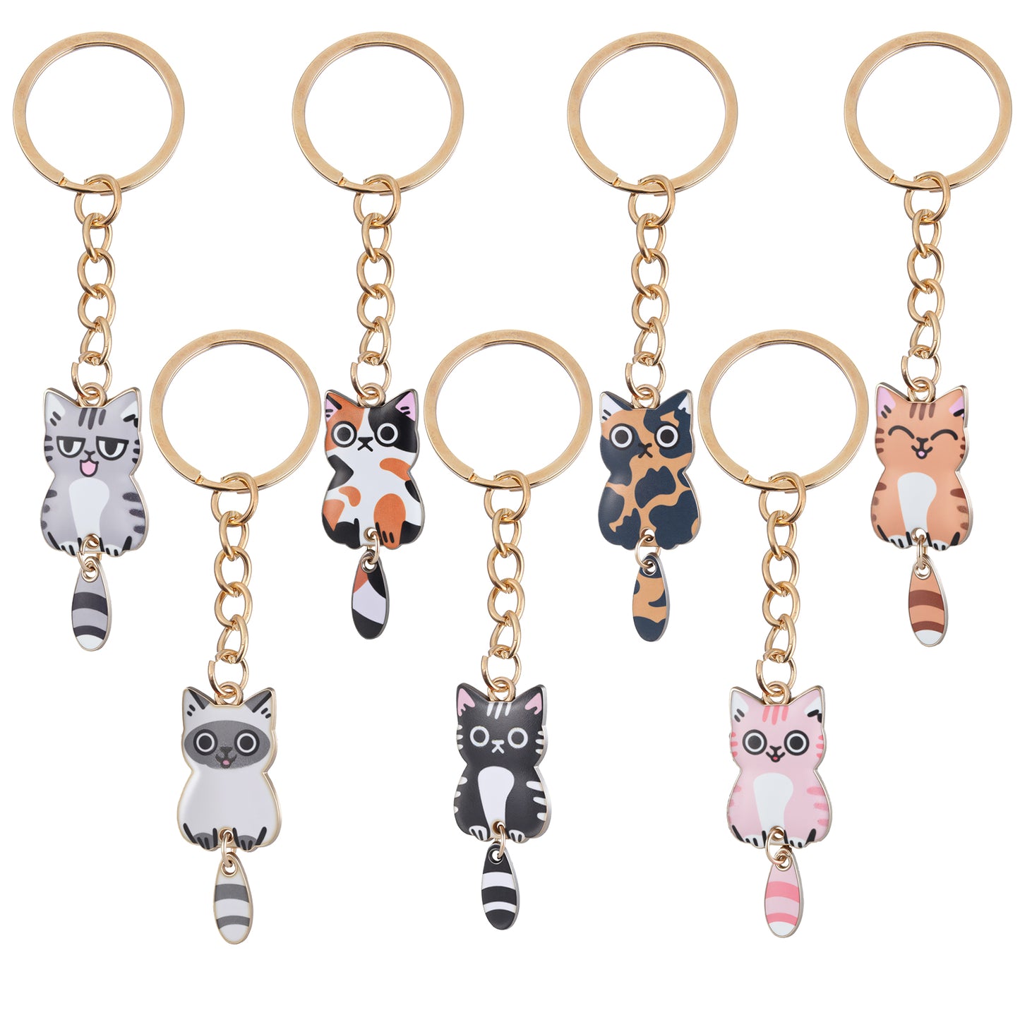 Nogeqi 7 Pcs Cat Keychain, Kawaii Cats Charms, Cute Cat Key Chains, Kitty Keyring with Ring, Funny Cats Accessories for Car Keys Purse Handbags Girls Women Gift DIY Crafts (Tail Can Wag)