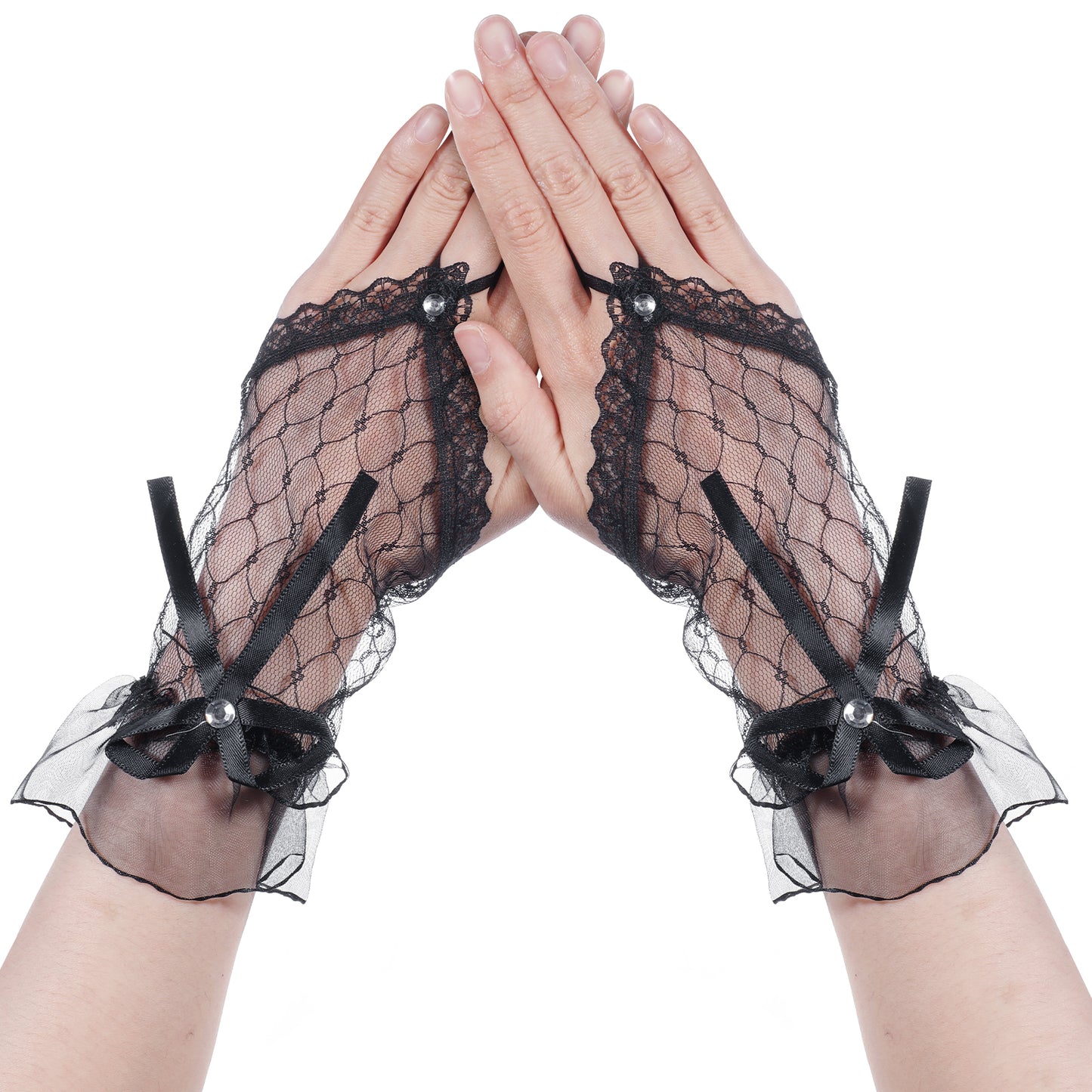 Mabor Lace Gloves Fingerless, 1 Pair Wedding Fingerless Rhinestone Lace Gloves for Brides and Bridesmaids Lace Bow Short Gloves for Banquet Party Wedding, Black