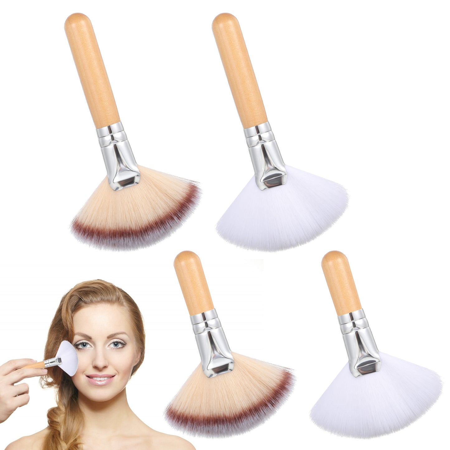 4Pcs Facial Fan Brush Esthetician Makeup Blush Highlighter Contour Finishing Powder Multi-use Soft Mask Acid Applicator Cosmetic Tools for Peel Mud Cream and Body Wooden handle Brush