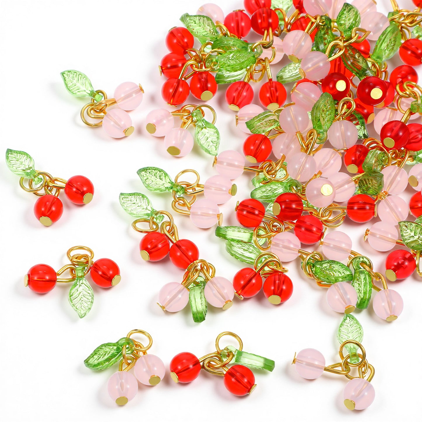 Xinjoduz 50 PCS Cherry Charms for Jewelry Making Glass Fruit Beads Mini Cute Sweet Cherry Charms Pendant Vivid 3D Pendants Bead Charm Bracelet Necklace Earrings DIY Crafts Women (Red Pink)