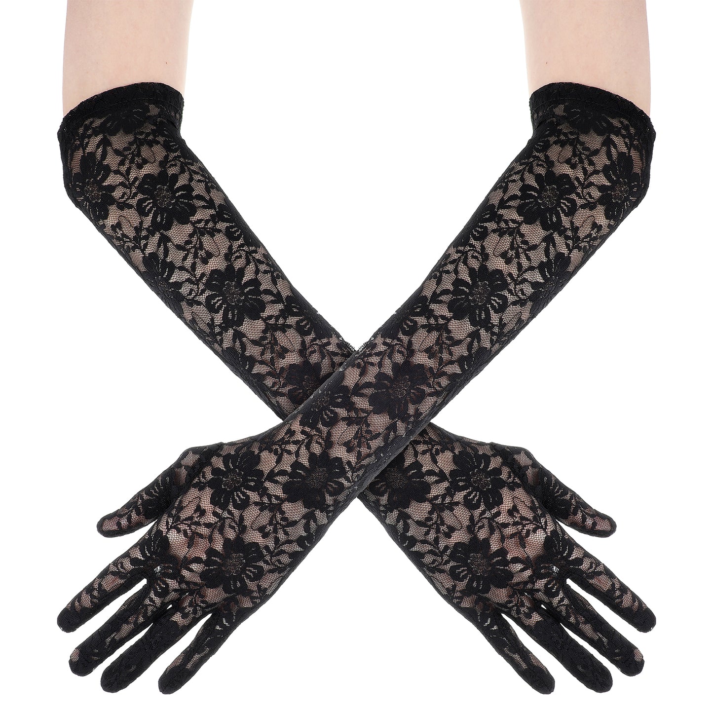 Teaaha 1 Pair Black Long Lace Gloves for Women, Floral Lace Gloves Long Lace Gloves Womens Lace Gloves Opera Gloves, Elbow Length Fingerless Gloves for Weddings, Parties, Formal Events (Black)