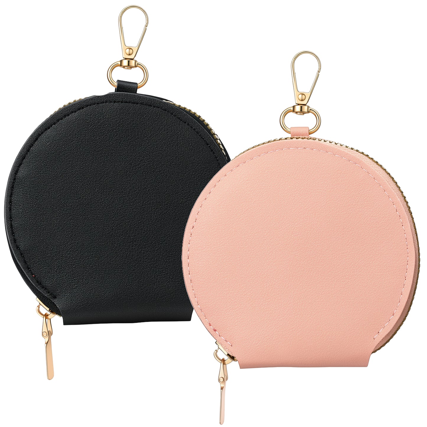 RAHHLIZS 2PCS Round Small Coin Purse, Small Change Purse for Coins with Keychain, Zipper PU Leather Coin Bag for Earbuds, Keys, Coins, Compact Travel Storage Case Black & Pink