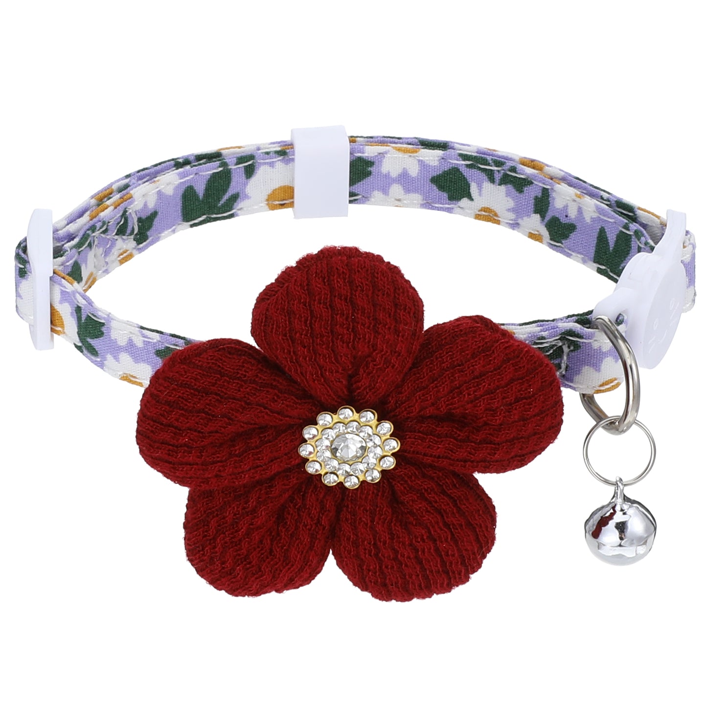 Cat Collar with Bell, Breakaway Cat Collars Rhinestone Flower Kitten Collars with Bells, Floral Pet Collar and Safety Buckle for Cats and Puppy Dog, 18-30cm (Burgundy)