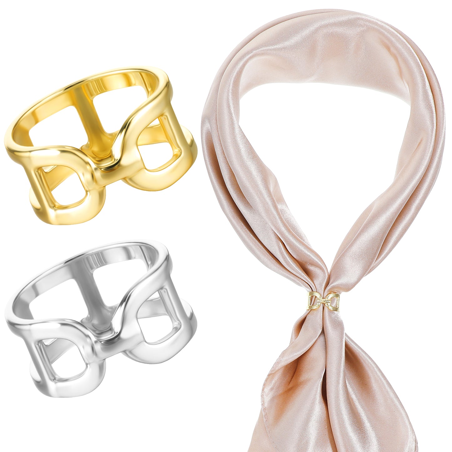 Ymapinc 2pcs Rings Scarf for Women, Silk Scarf Pin Shawl Buckle Clip Slides Clips and Clasps Holder for Clothing Decoration (Gold, Silver)