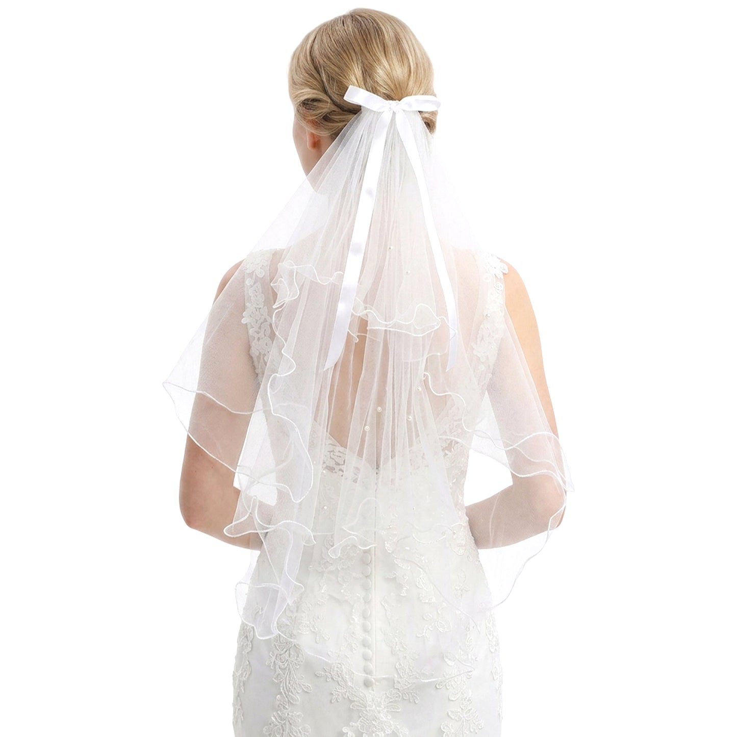 Matwsec 1 Pc White Bridal Veil Wedding Veil for Bride Short Bridal Veils with Pearls Wedding Headpiece, Lightweight Bachelorette Veils for Bride Shower Photo Prop (White)