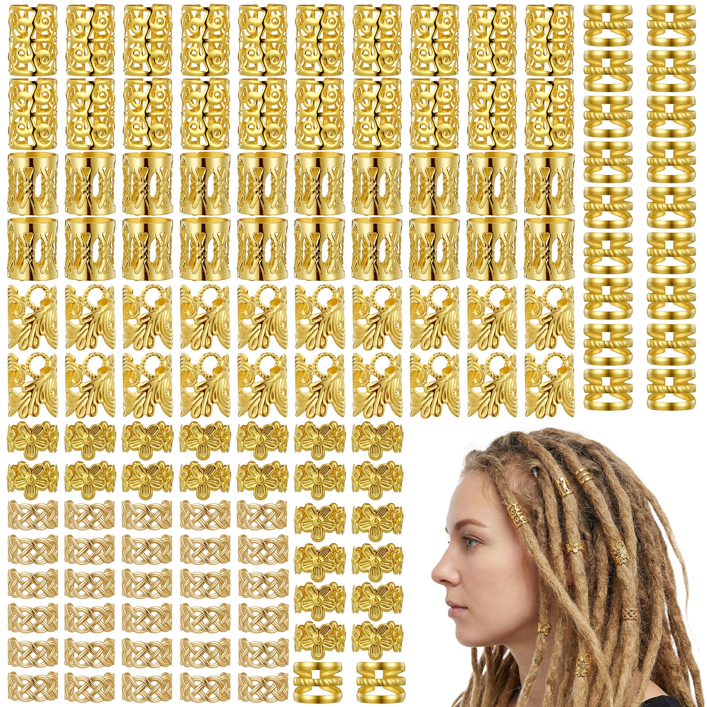 Nogeqi 120PCS Gold Hair Jewelry for Braids, Gold Hair Charms Cuffs Clips Rings, Adjustable Loc Jewelry Dreadlock Accessories Decorations for Black Women Men Festival Pirate Halloween