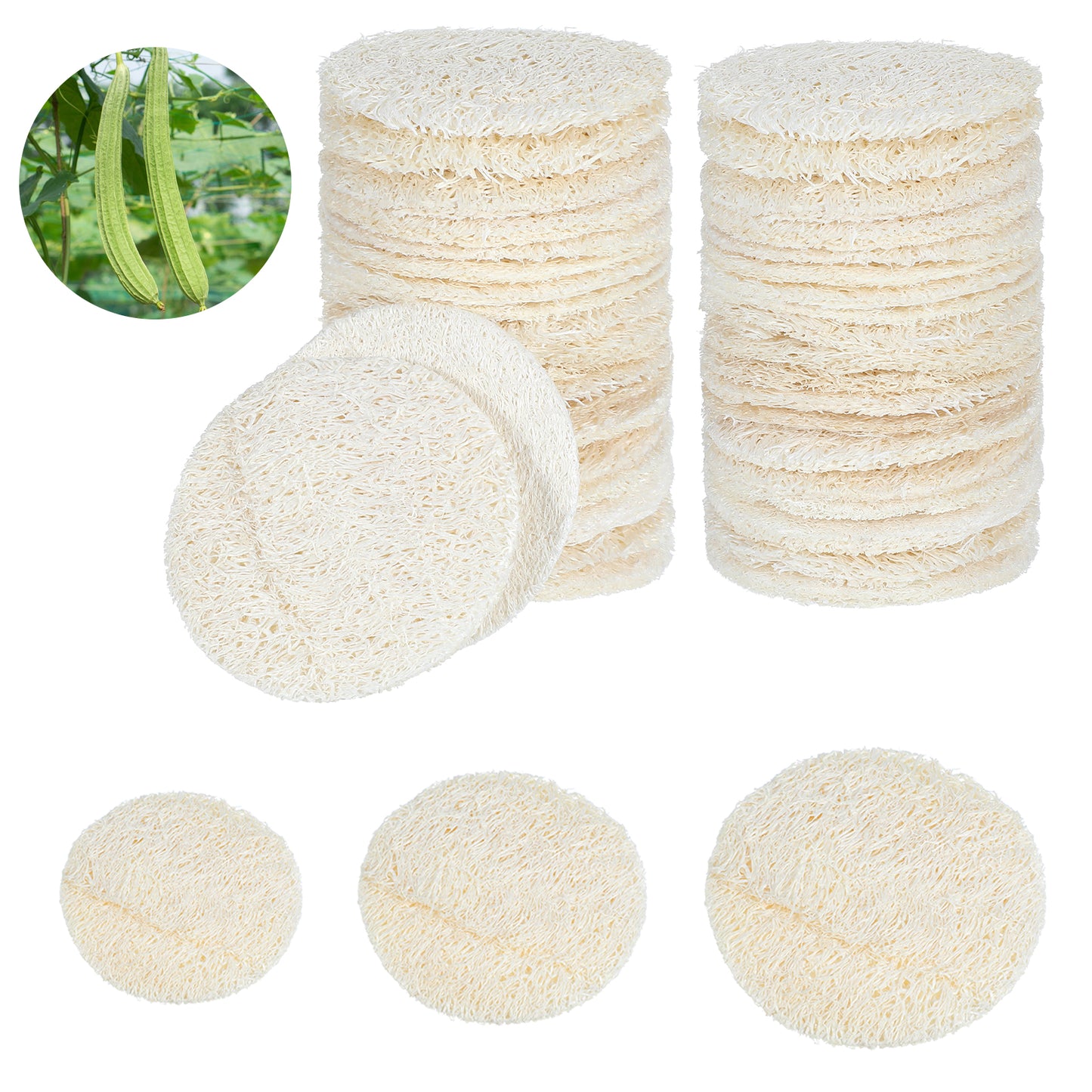 Ouligay 30 Pcs Natural Loofah Sponge Pads for Washing Face, 3 size face loofah, Exfoliating Body Face Scrub Pads for Makeup & Dead Skin Masks Removal, Exfoliating Face Pad for Women Men Cleansing Skin