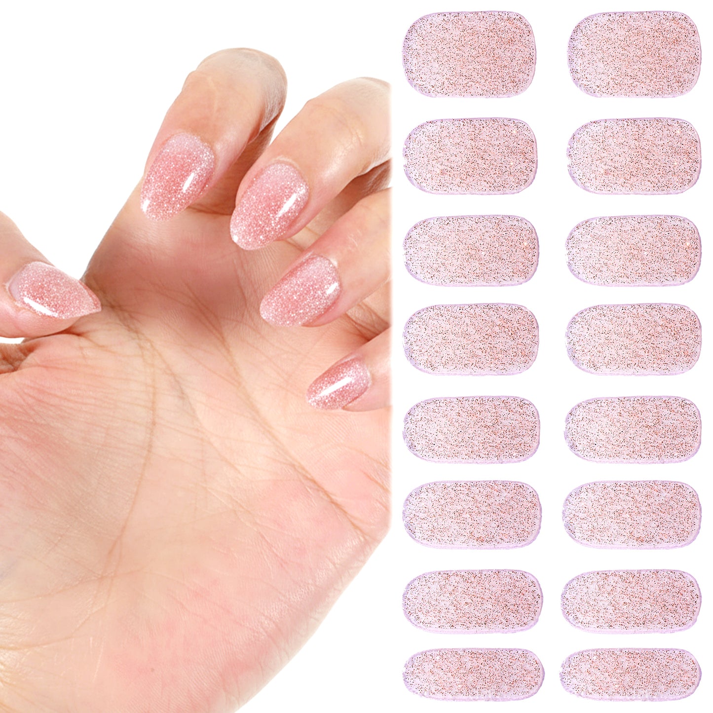Xindojuz 16 PCS Pink Semi Cured Nail Strips Wraps, Black White Glitter Press on Gel UV/LED Nails Stickers with Nail File and Wood Stick, Nails Art Design Decoration Accessories for Women Girls