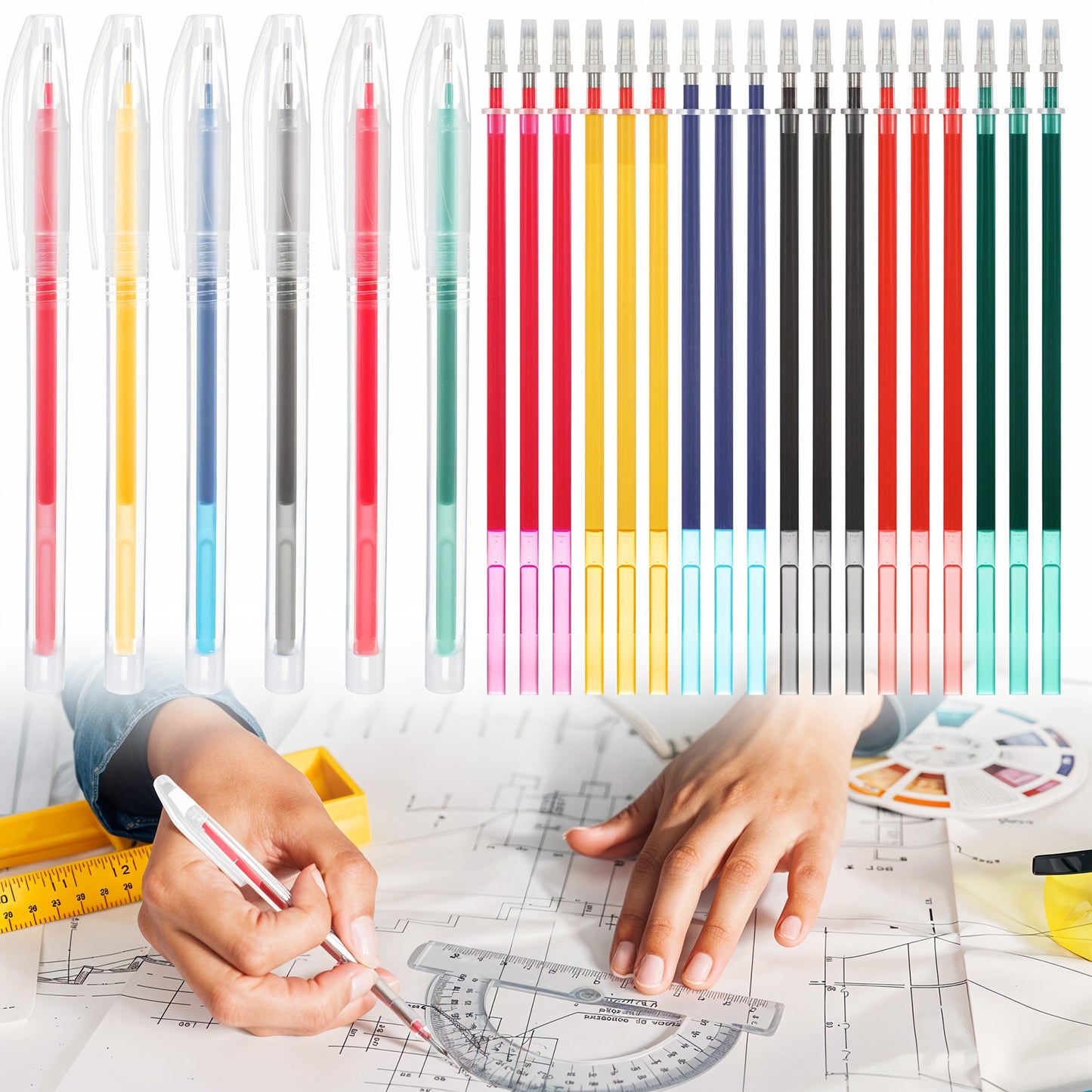 Ymapinc 24pcs Fabric Markers for Sewing Water Soluble, Heat Erasable Pen Tailors Accessories Embroidery Quilting Dress making (6 Pens 18 Refills, Blue Red Green Pink Yellow Black)