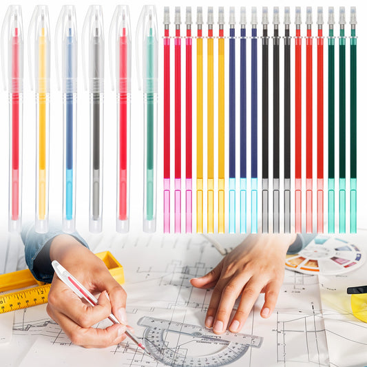 Ymapinc 24pcs Fabric Markers for Sewing Water Soluble, Heat Erasable Pen Tailors Accessories Embroidery Quilting Dress making (6 Pens 18 Refills, Blue Red Green Pink Yellow Black)