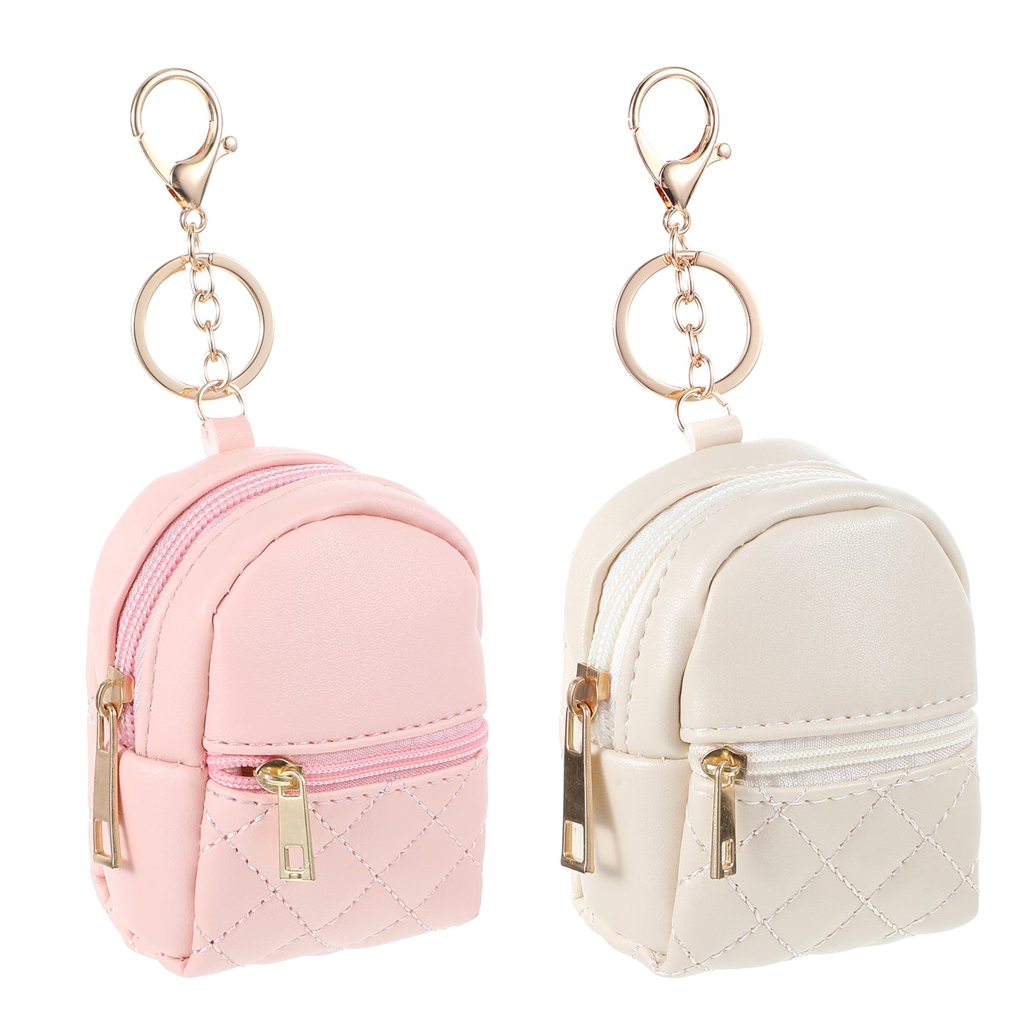 2Pcs Tiny Backpack Keychain Mini Pu Leather Makeup Bag Key Pocket Lipstick Bag Card Holder Cute Case Coin Purse Wallet Card Holder Data Cable Organizer Zipper Pouch for Women, Beige Pink