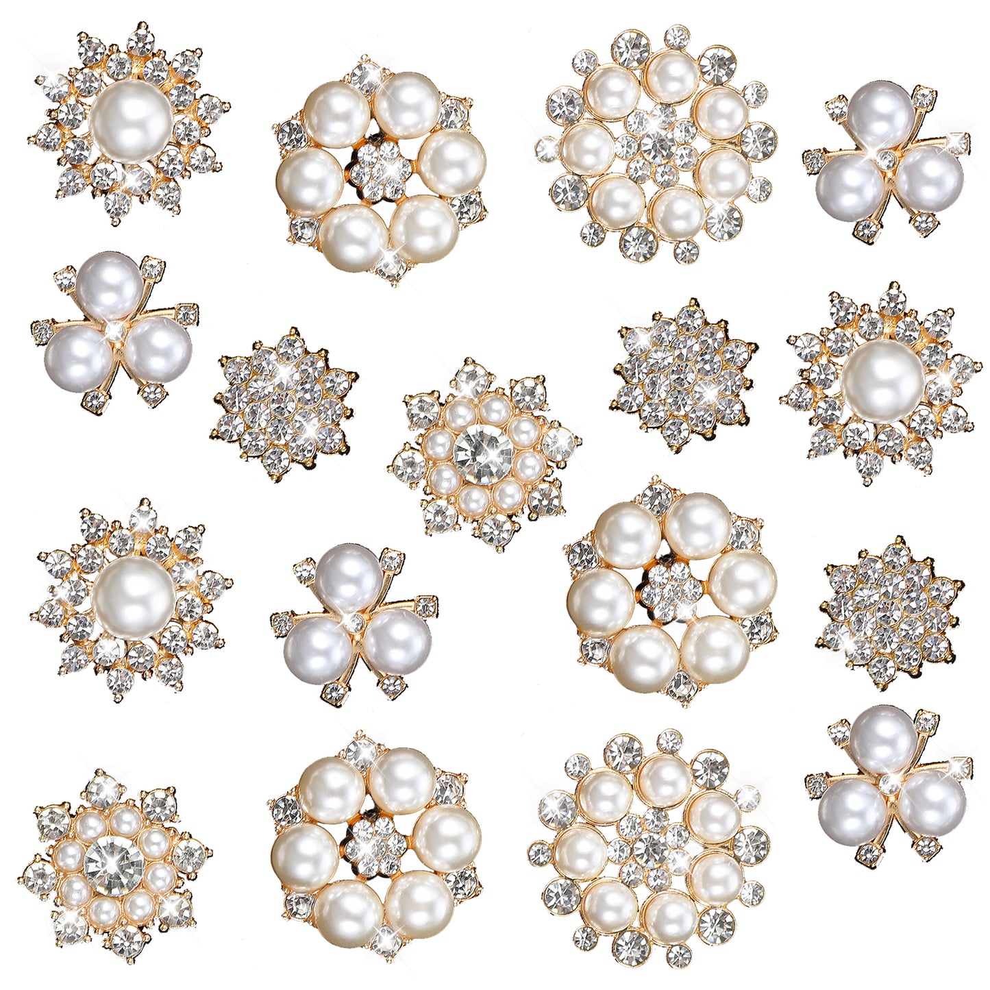 18PCS Rhinestone Pearl Buttons Sparkle Assorted Small Crystal Snowflake Flower Brooch Pins Silver Crafts Charm Embellishment, Wedding Bouquet Brooches for Women DIY Clothes Bags Shoes Decoration