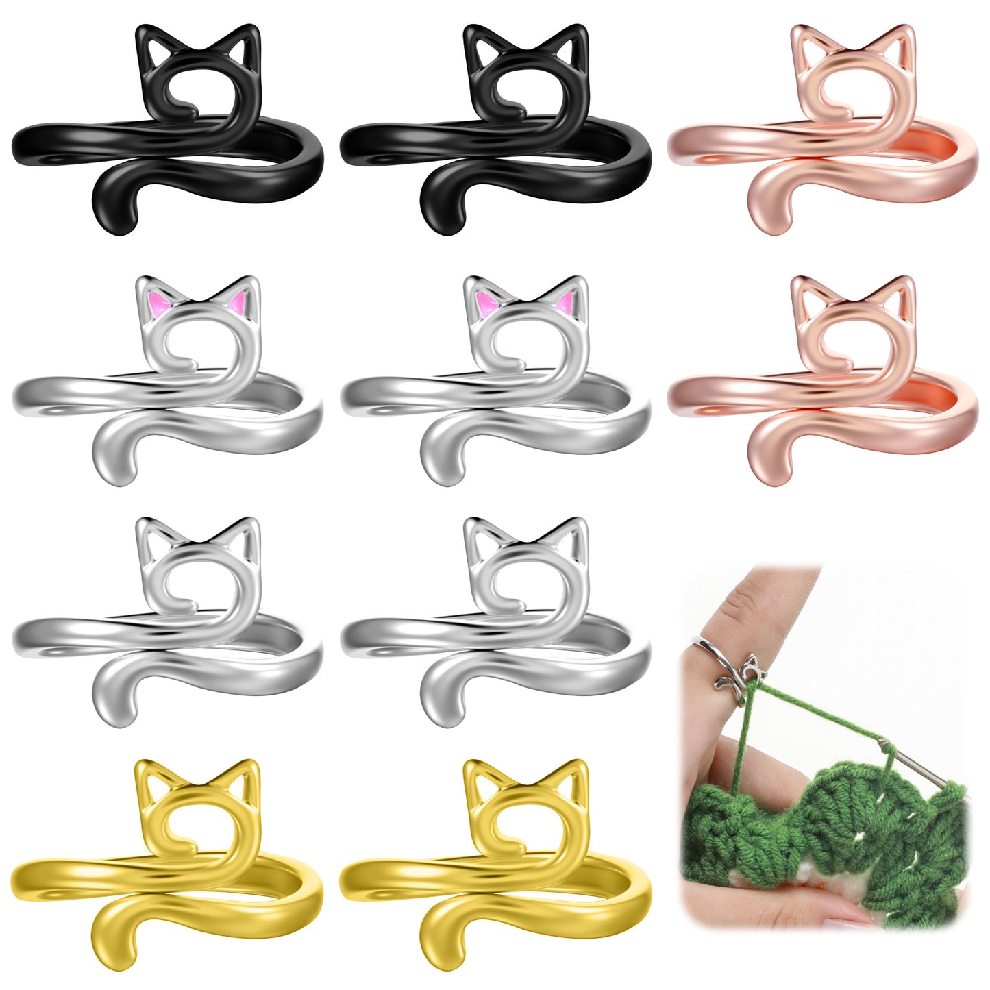 Nogeqi 10PCS Crochet Ring for Finger, Adjustable Crochet Tension Ring with Cat Ear Design, Metal Tension Rings for Crocheting Knitting Accessories Gifts for Crafters Mothers Grandmas (5 Styles)