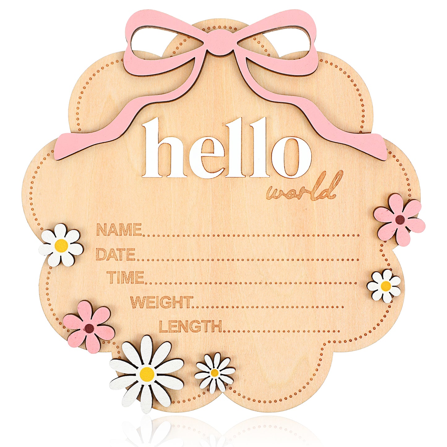 Nogeqi Wood Baby Announcement Sign, Baby Name Sign, Hello World Newborn Sign, Babies Nursery Decor Name Plaques for Hospital Newborns Show Photo Prop Newborns Souvenirs(Daisy Bow)