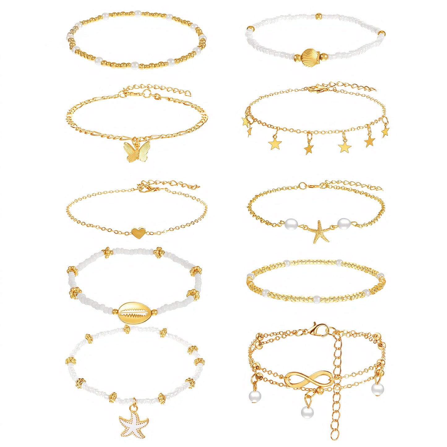 Tyqour 10PCS Ankle Bracelets for Women Anklets for Women Waterproof Bohemian Pearl Women's Anklets Gold White Adjustable Layered Chain Summer Beach Foot Jewelry Gift Set Plus Size 8.27+1.97 Inch