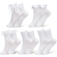Matwsec 5 Pairs Lace Socks Women White Ruffle Socks Frilly Ankle Sock Cute Breathable Thin Cool Casual Comfortable Cotton Princess Sock for Casual Wedding Costume Party Supplies