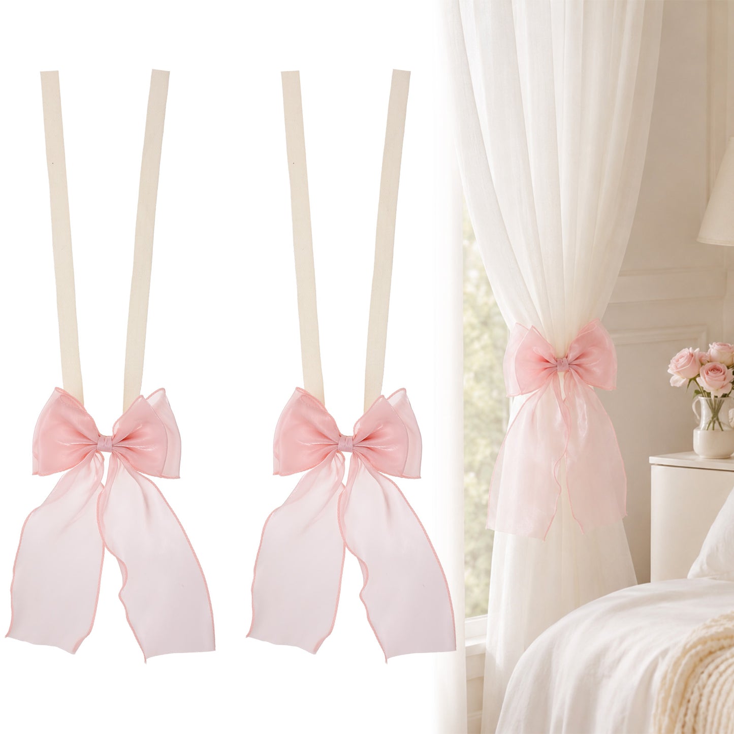 Mabor Bow Pink Curtain Tiebacks, 2Pcs Ribbon Bowknot Curtain Holdbacks