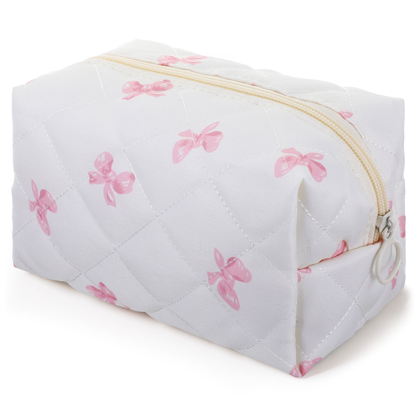 Cute Floral Cotton Makeup Bag Quilted Cosmetic Pouch with Pink Bow Aesthetic Travel Makeup Organizer Period Bag Kawaii Flowers Pencil Case with Zipper White Polyester Lining 6.29x4.33x4.33 Inch Women