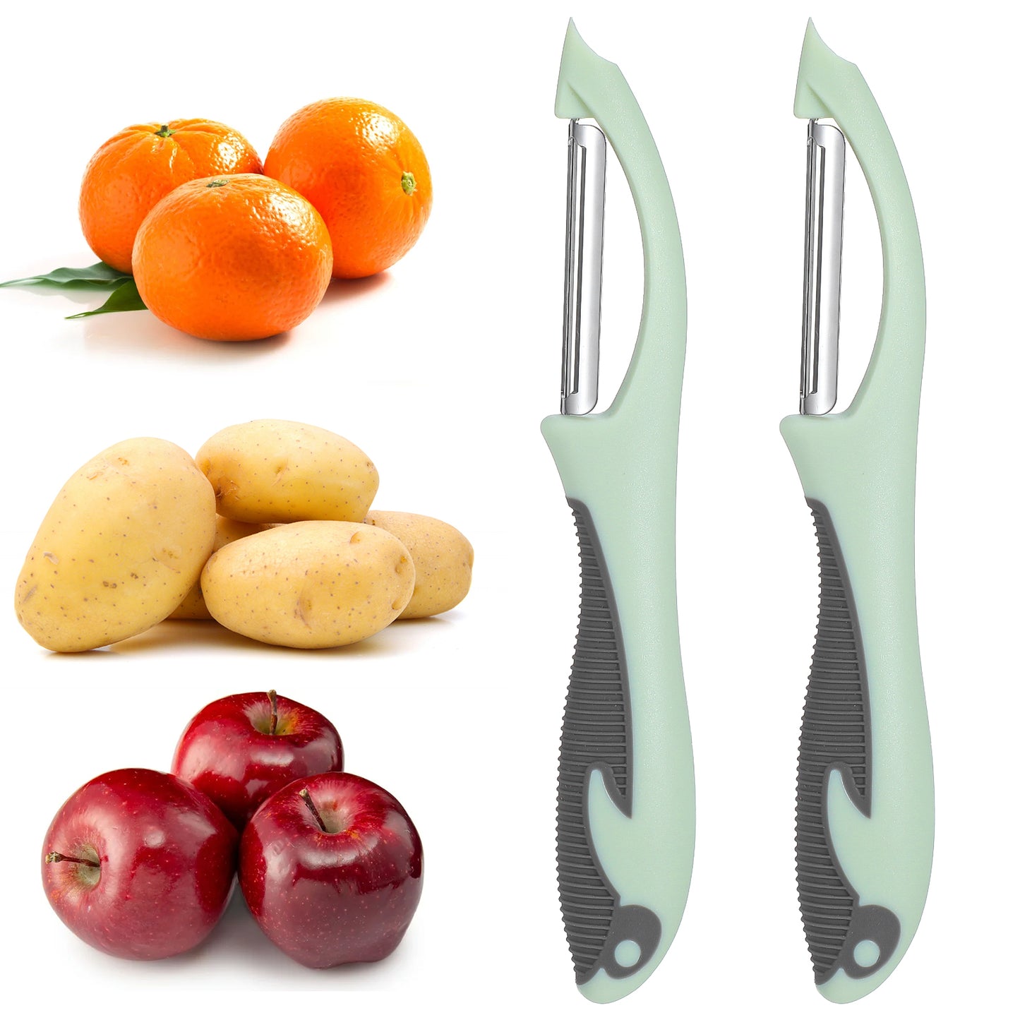 Mabor 2Pcs Stainless Steel Vegetable and Fruit Peeler, Swivel Straight Veggie Peelers for Kitchen Apple Carrot Cucumber Potato with Non-Slip Grip Handle, Green