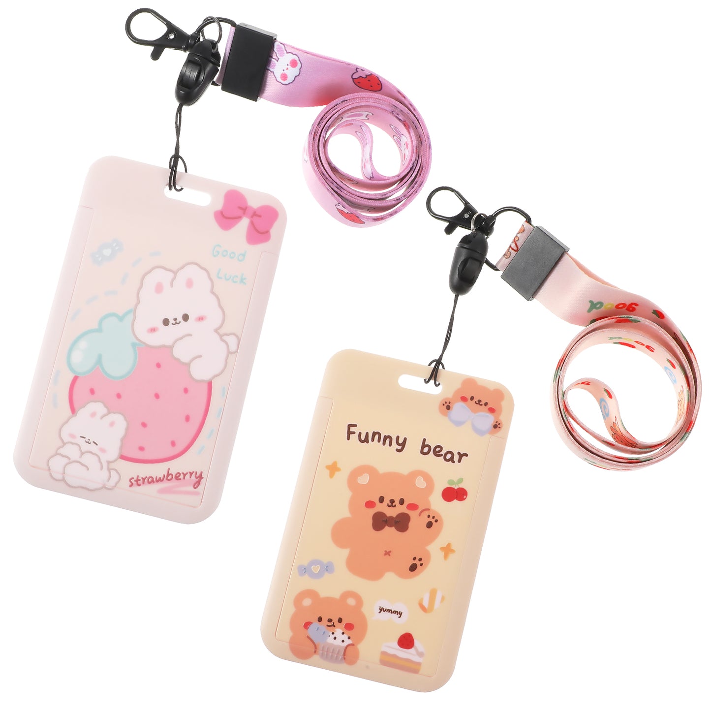 Mabor 2Pcs Kpop Photocard Holder, ID Badge Holder with Long Lanyard, Slide Open Cute Rabbit Bear Animal Card Holder Stationery for School Student Bus Card ID Credit Cards