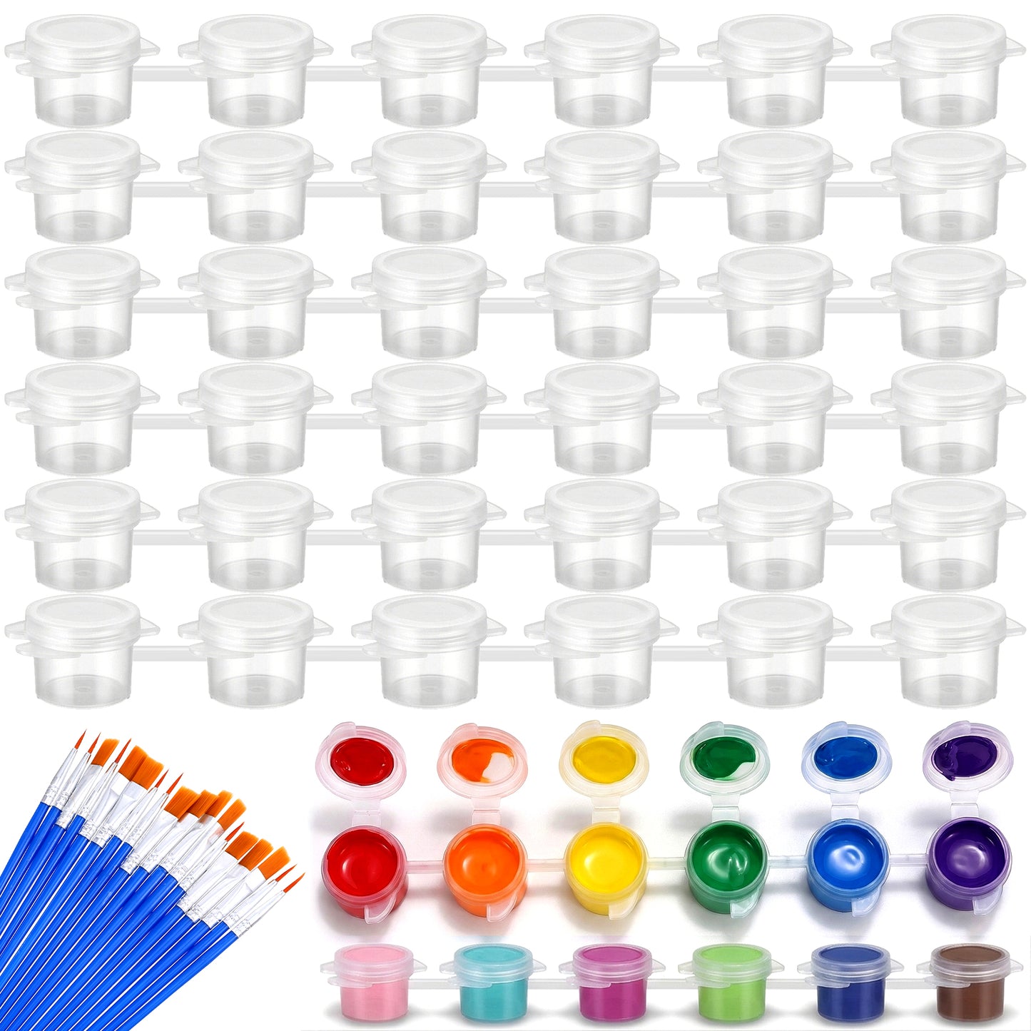 Nogeqi 6 Strips 36 Pots Paint Containers with Lids, Empty Paint Pots, Mini Paint Containers with 20 Pieces Paint Brushes, Arts Crafts Supplies for Classrooms Schools Painting Art Festivals 5 Ml/0.17 O