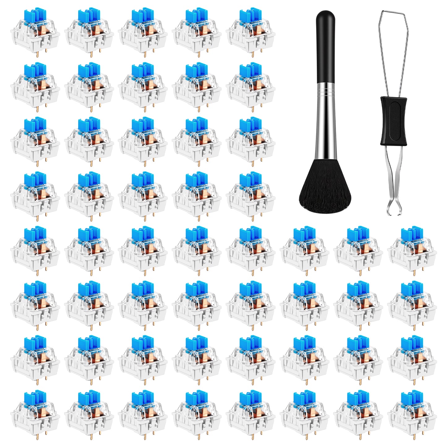 Tyqour 50 Pieces Blue Mechanical Keyboard Switches 3 Pin Pre Lubricated Clicky Key Switches Dustproof Waterproof Keyboard Keys with Puller and Brush for Mechanical Gaming Keyboard