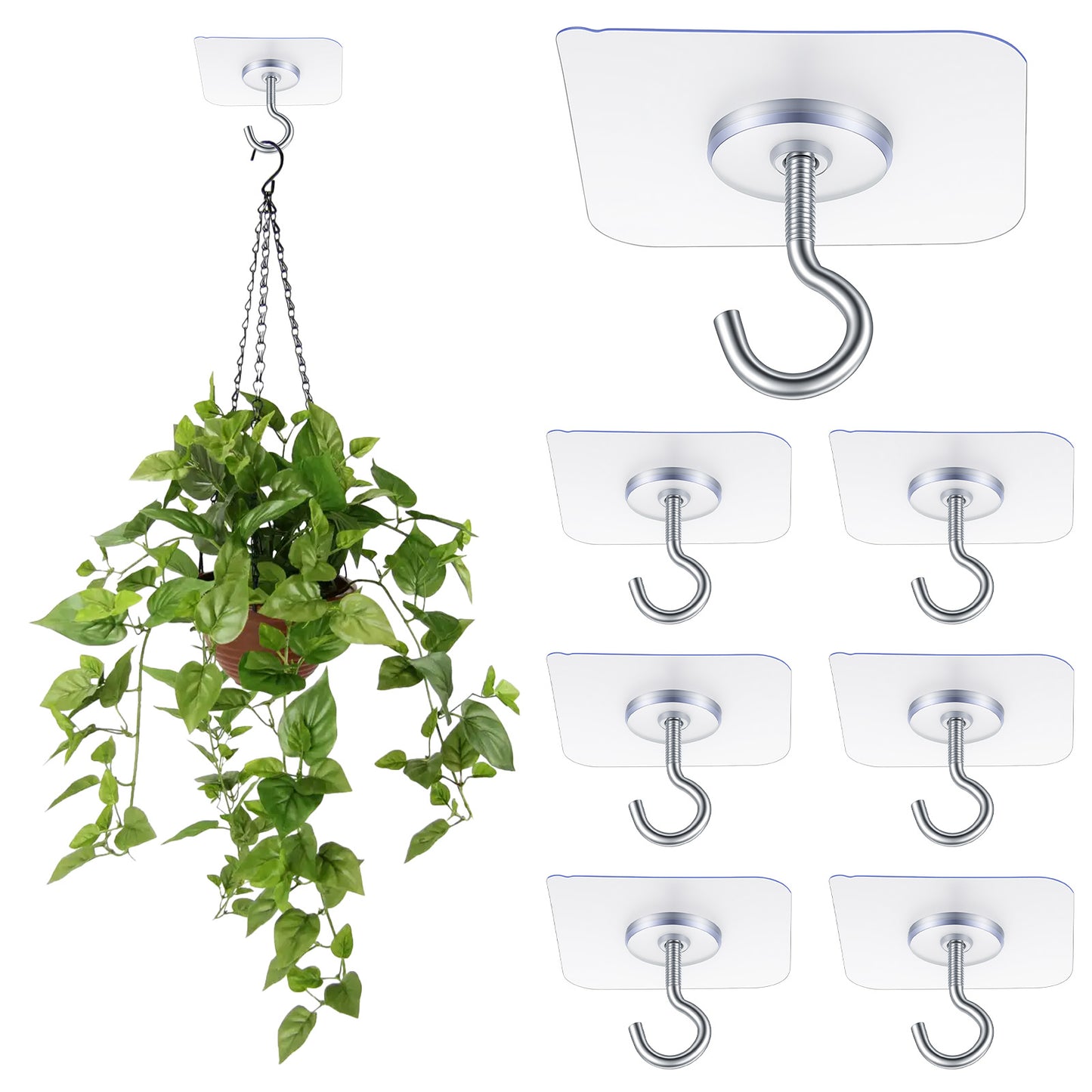Bremorou Adhesive Ceiling Hooks, 6 Pack Heavy Duty No Drill Plant Hangers for Hanging Plants, Lights, Wind Chimes, Lanterns, Transparent Sticky Ceiling Hooks