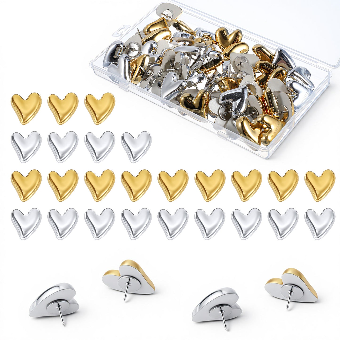 50 PCS Heart Decorative Pins for Bulletin Board, Cute Resin Carbon Steel Push Pins for Office, Home, Cork Board, Wall, Office or Home (Gold, Silver)