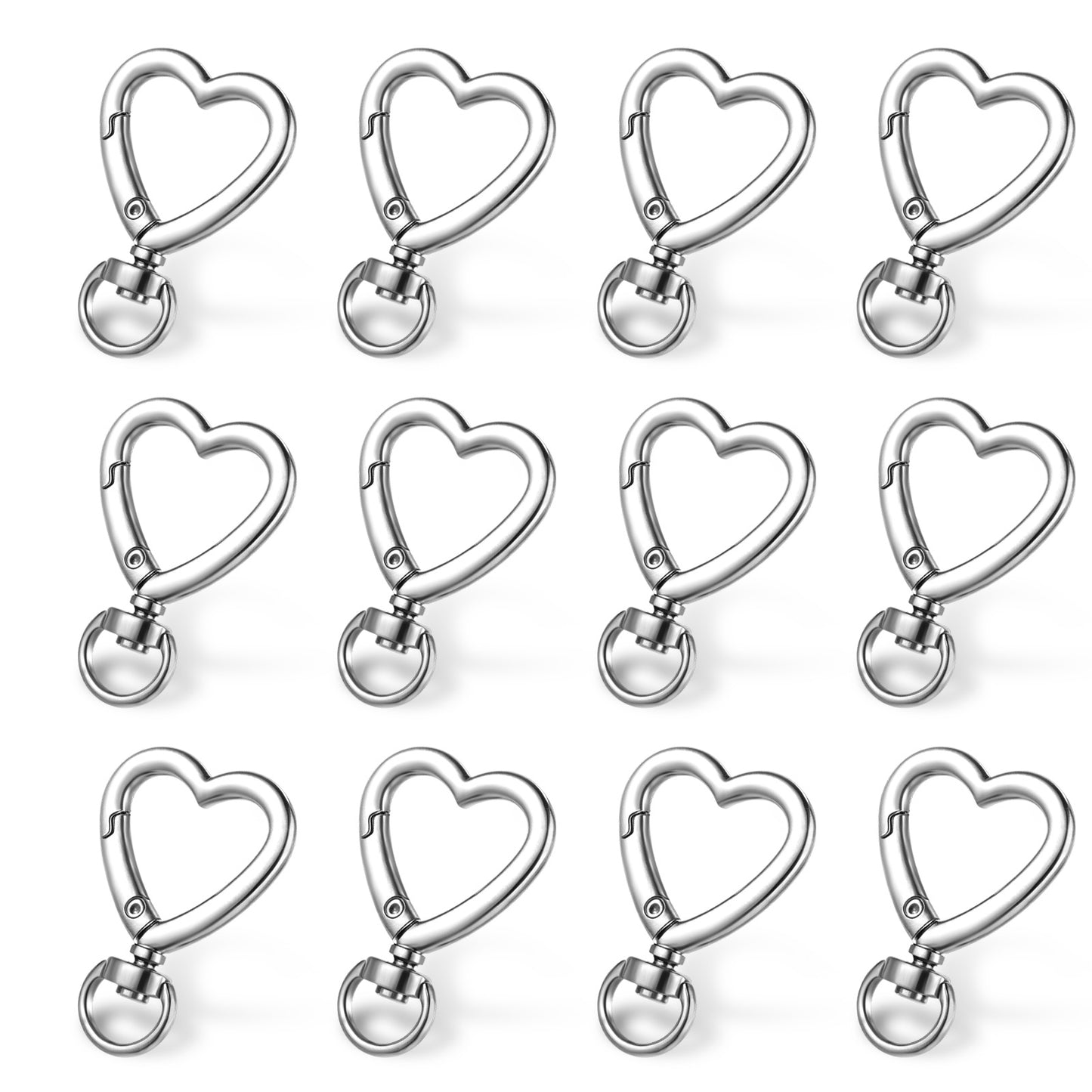 12Pcs Heart Shaped Keychain Clip, Zinc Alloy Heavy Duty Heart Carabiner, Cute Spring Snap Clasp Hook, Key Ring for Camping Hiking Fishing Traveling Purses Backpack Water Bottle Key Chain Silver