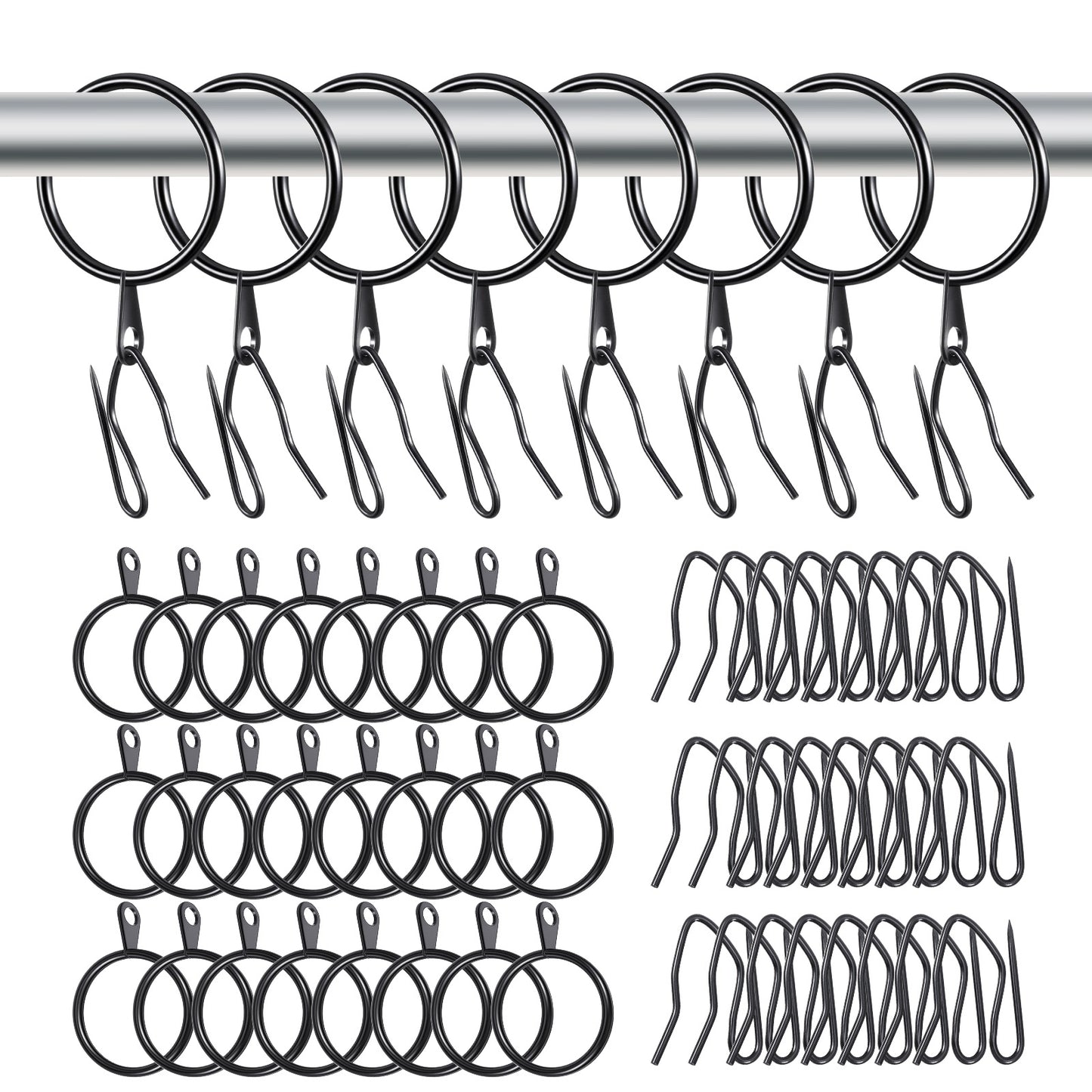 Pinch Pleat Curtain Hooks 32 Pack Black Shower Curtain Rings Clips with Hook, Metal Drapery Pin Hooks Hangers Drapes Ring Clip Fits up to 1.2 In Curtains Rod, 1.5 Inch I D