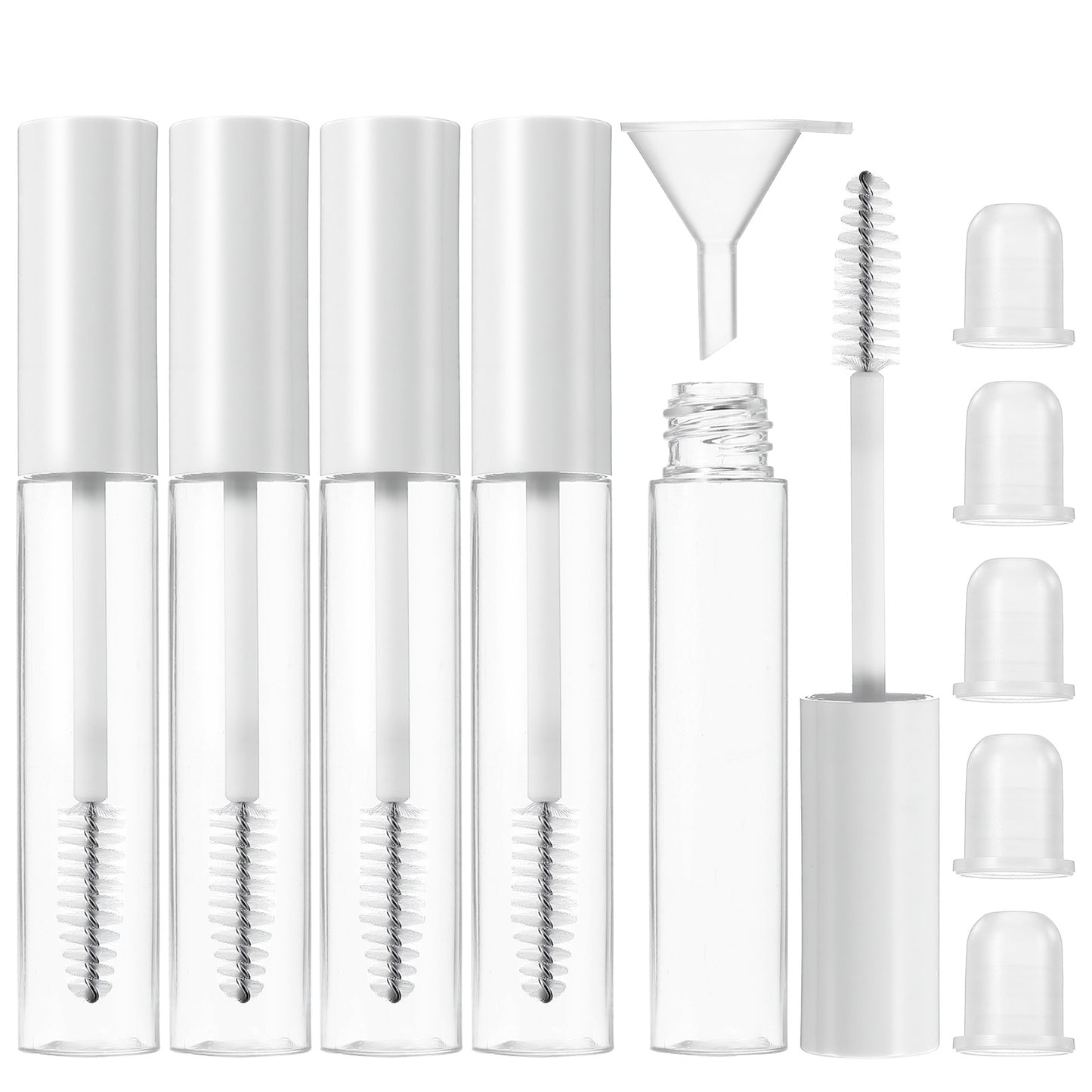 5 Pack 0.34oz (10ml) Empty Mascara Tube and Wand Refillable, Leak-Proof Plastic Empty Lash Serum Bottle with Eyelash Wands and 5 Rubber Inserts 1 Funnel Included for DIY Cosmeticstravel and Daily Use