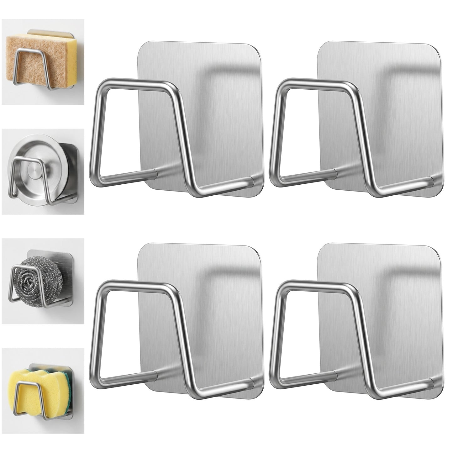4 PCS Stainless Steel Sponge Holder for Kitchen Sink, Strong Adhesive Small Sponge Sinks Holder for Brush, Premium Rust Proof Waterproof Sink Caddy for Kitchen Accessories, Quick Drying (Silver)