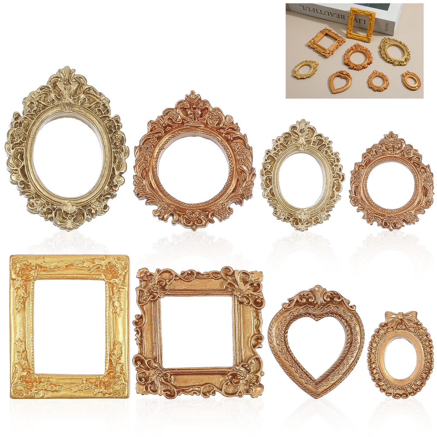 Nogeqi 8 Pcs Mini Photo Frames, Mini Vintage Frames, Gold Picture Frame, Resin Tiny Miniature Picture Frame for Photo, Display, Wall Hanging DIY Crafts