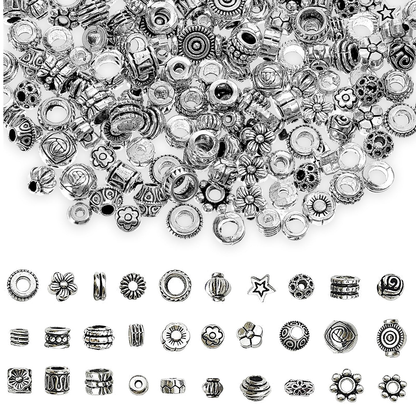 200PCS 1-5mm Hole Spacer Beads Tibetan Antique Silver Rondelle Spacers Bead, Assorted Styles Metal Filigree Loose Ball Bead Charms Kits for Bracelets Jewelry Making