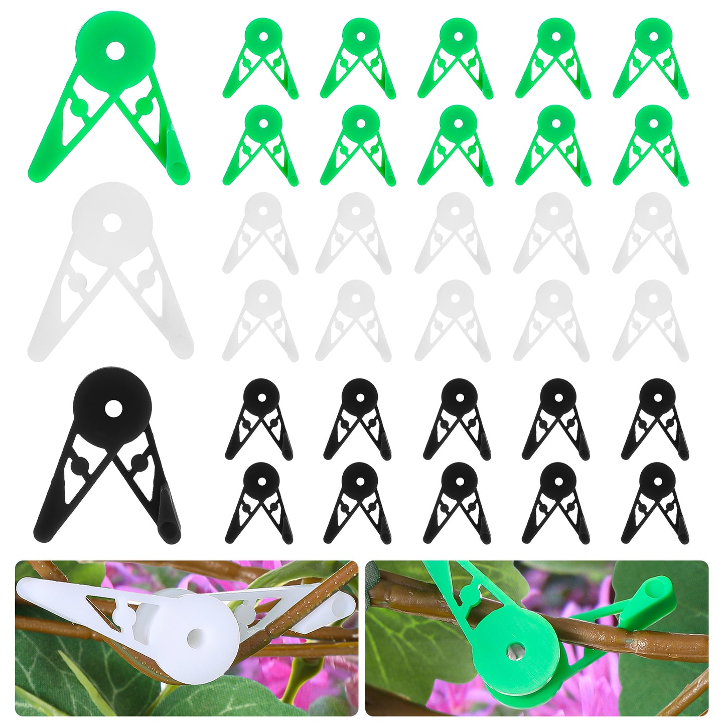 Xinjoduz 30 Pack 360 Degree Plant Training Clips, Adjustable Plastic Garden Branch Bender Stem Trainer Reusable Bending Clip for Low Stress Training, Black White and Green