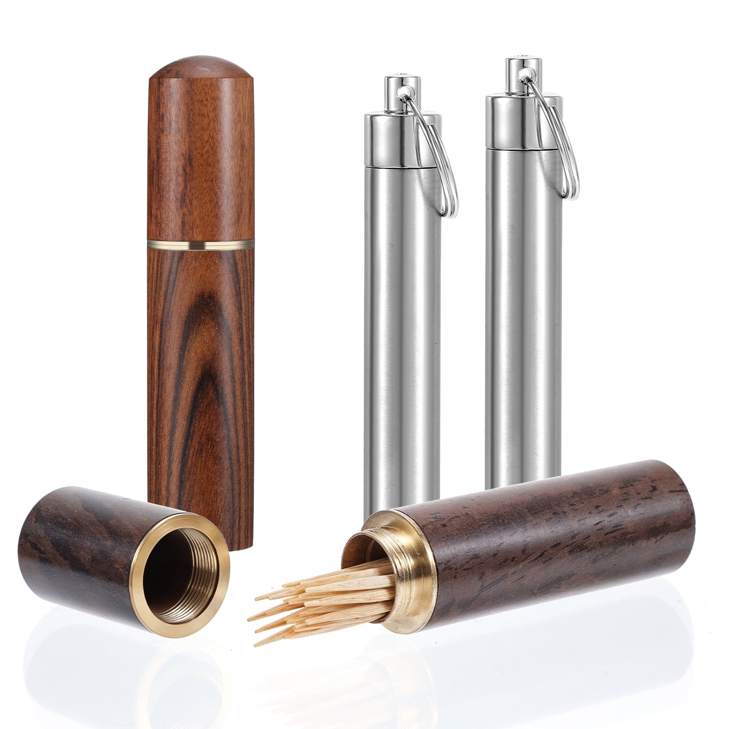 Nogeqi 4 Pcs Toothpick Holder Portable Wooden Travel Toothpick Waterproof Handmade Craft Pocket Box Pocket Tooth Pick Container with Key Chain for Outdoor Picnic and Camping