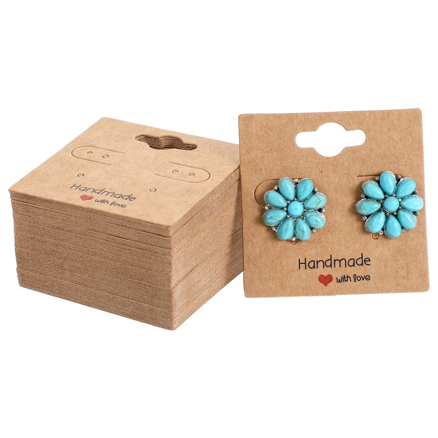 Nogeqi 100PCS Earring Display Cards with 6 Holes, 2x2 Inch Earring Cards for Selling, Kraft Paper Handmade with Love Jewelry Display Card for Hanging DIY Crafts Jewelry Retail