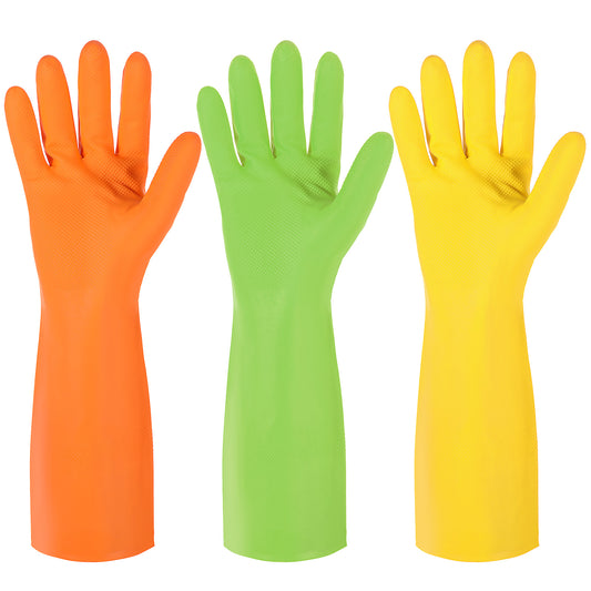 Xinjoduz 3 Pairs Rubber Dishwashing Gloves, Colorful Reusable Household Cleaning Gloves for Washing Dishes and Cleaning Tasks,Flexible Durable Waterproof Kitchen Dish Gloves (Yellow, Green, Orange)