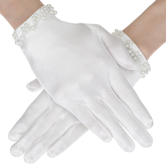 Xinjoduz 1 Pair White Satin Gloves Women, Floral Lace Gloves for Bridal Elegant Short Wrist Pearl Glove for 1920s Fashion Wedding Accessories Floral Tea Party (White)