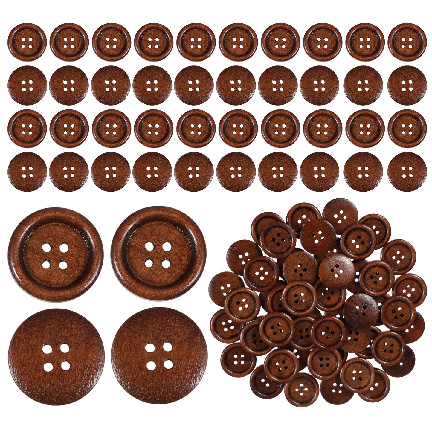 RAHHLIZS 2.3cm 50pcs Wooden Buttons Brown, 4 Hole Polished Craft Buttons