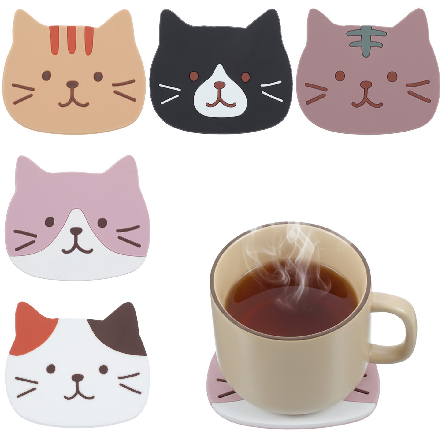 Shimmeroo 5PCS Cute Cat Coasters - Funny Silicone Cat Cup Holder, Non Slip Hot Pads Coasters for Drinks Coffee Tea Table Dinning Room Decorations Wedding Lover Gift Idea