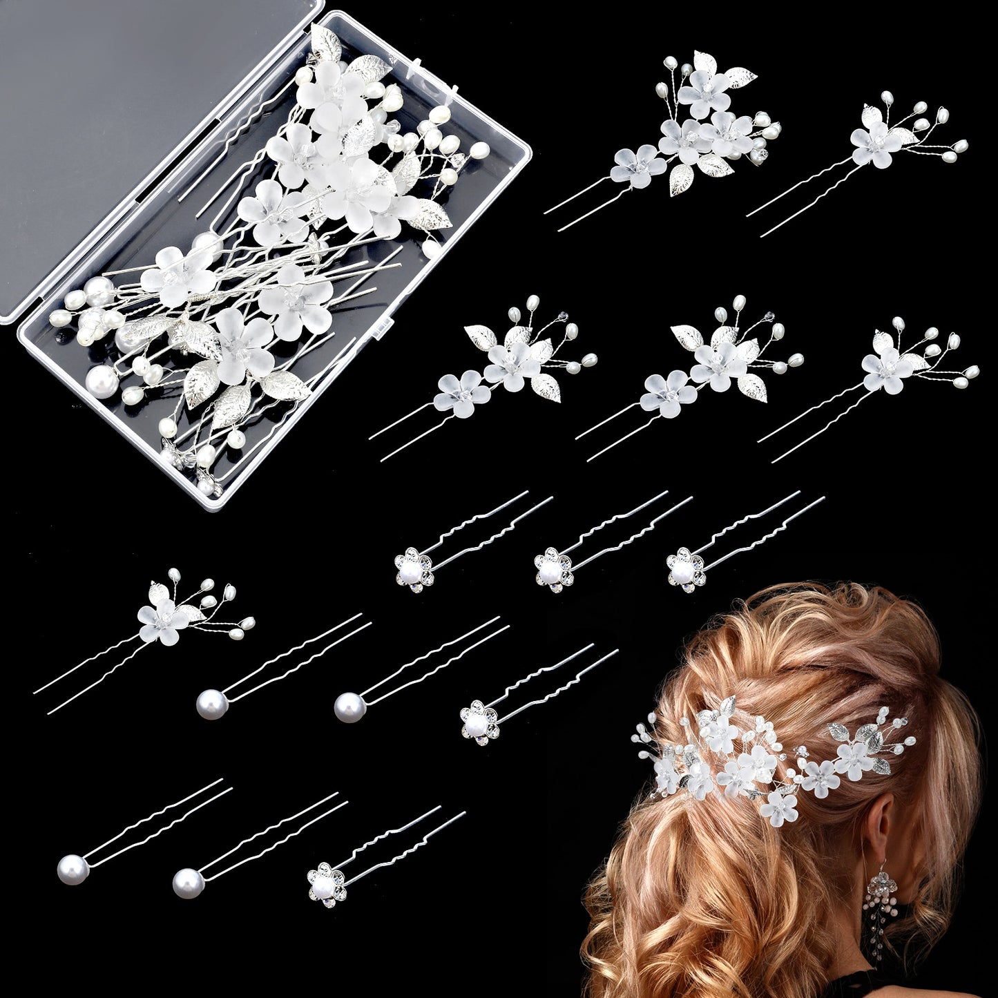 15 Pcs Wedding Hair Accessories Set Pearl Bride Wedding Hair Comb Rhinestone Hairpins Silver Flower Pearl Clips Leaf Hairpieces Elegant Pins Combs for Women Headpiece Bridesmaids Brides Girls