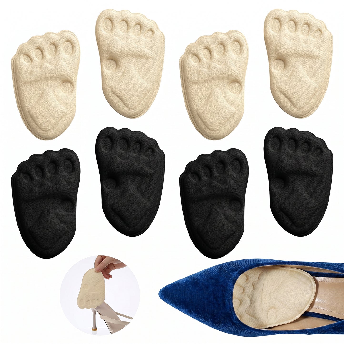 4 Pairs Metatarsal Pads Women, Ball of Foot Cushions Relief and Comfort, Non Slip High Heel Grips Liners Shoe Heel Inserts for Women, Shoe Gummies for Heels Foot Cushion Pads Protectors (Black, Beige)