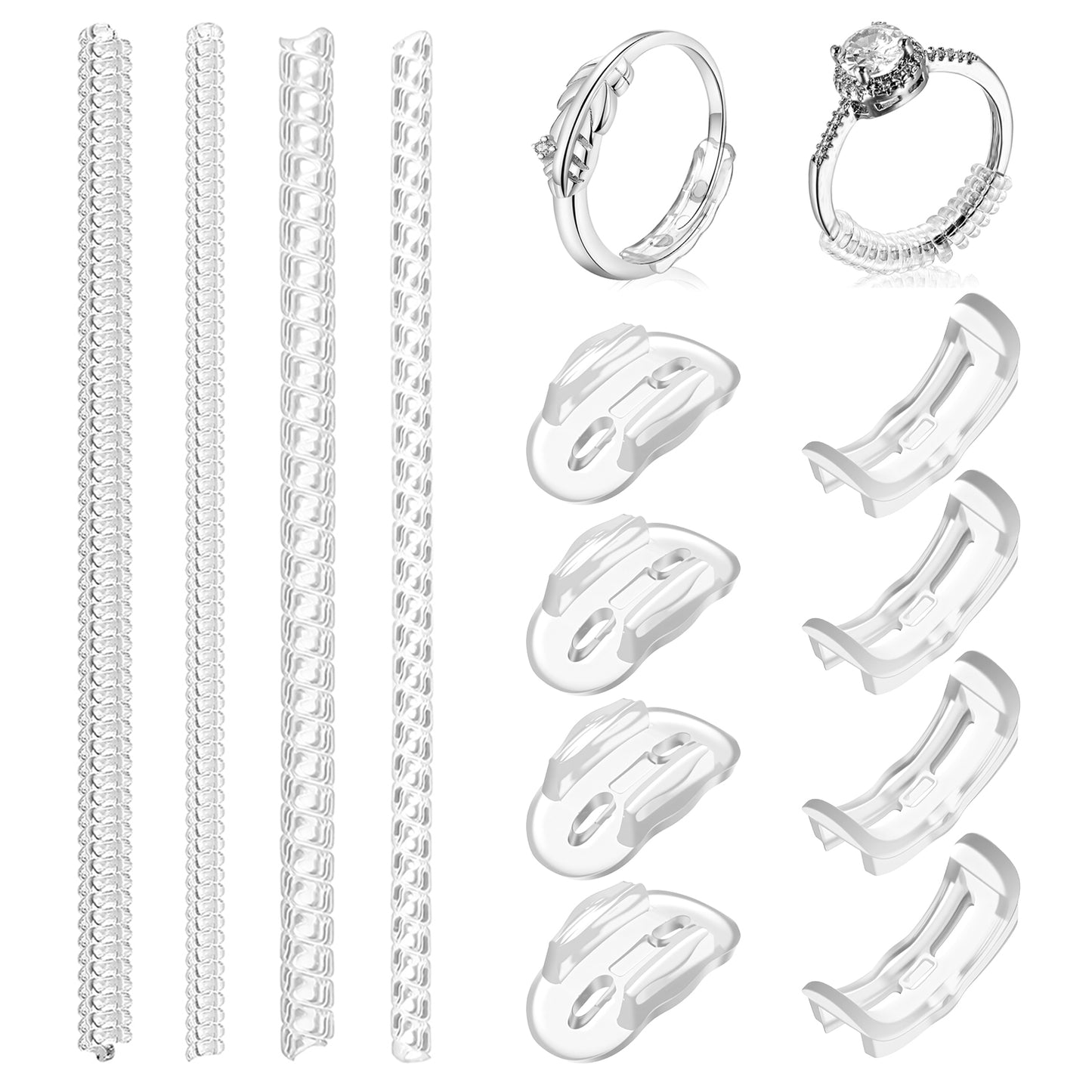 Sizer Adjuster for Loose Rings - Invisible Ring Size Adjuster Clear Fitter Guards, Easy-Clip Guards Fit Any Loops, 2 Styles, Insert and Spiral Ring Tightener for Women & Men (12 Pack)