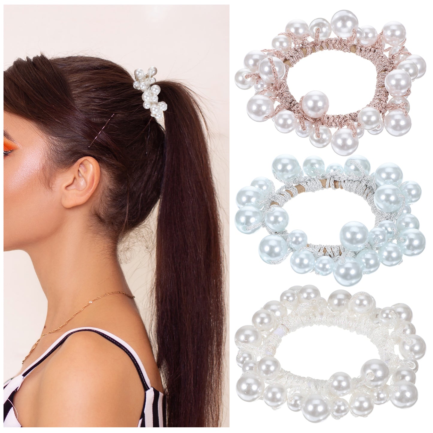 Nogeqi 3PCS Elastic Pearl Scrunchie, Pearl Hair Tie, Stretchy Beaded Ponytail Holder, Pearl Hair Accessories for Women and Girls