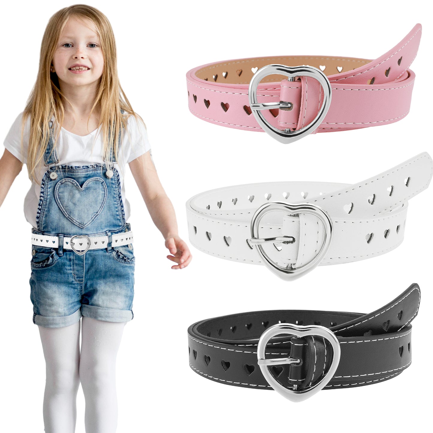 Teaaha 3 Pack Girls Belt Cute Hollow Heart Shape with Silver Metal Buckle Elastic Stretch Adjustable Kids Waist Belts for Girls Dresses Pants Jeans(Pink/White/Black)