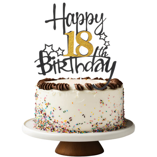 1Pcs 18th Birthday Cake Toppers, Black Gold Glitter Happy 18 Cake Topper and Cheers to Birthday Themed Party Decor for Girls Boys, Black Gold Glitter Cakes Decorations