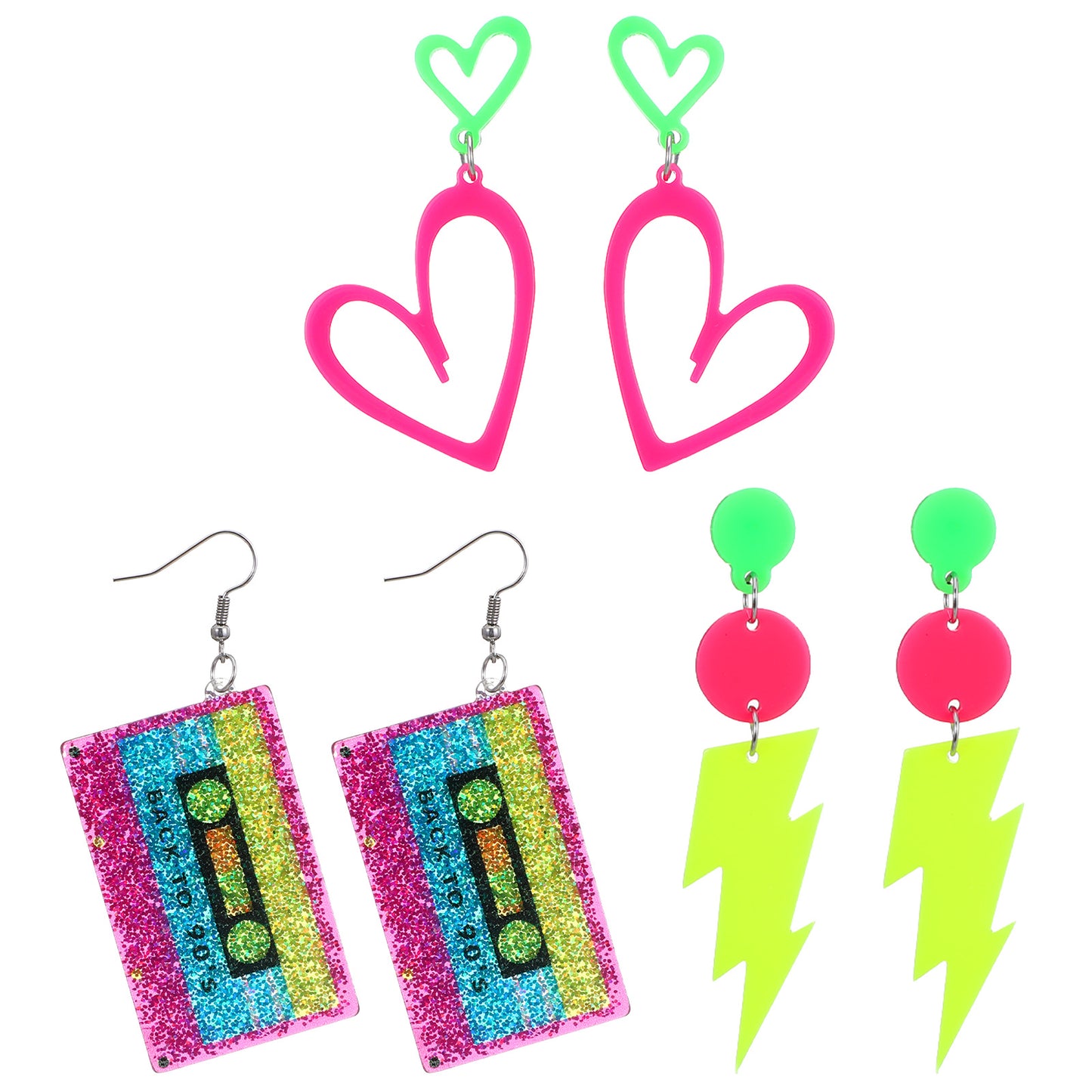 Matwsec 3 Pairs 80s 90s Neon Earrings for Women, Acrylic Heart&Cassette Tape&Lightning Bolt Drop Dangle Earrings, Retro Neon Jewelry for 80's Outfit Glow Party Accessories